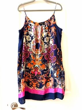 Renee C Bold Maximalist Slip Dress w Medallions and Exotic Birds Print.  SZ LG